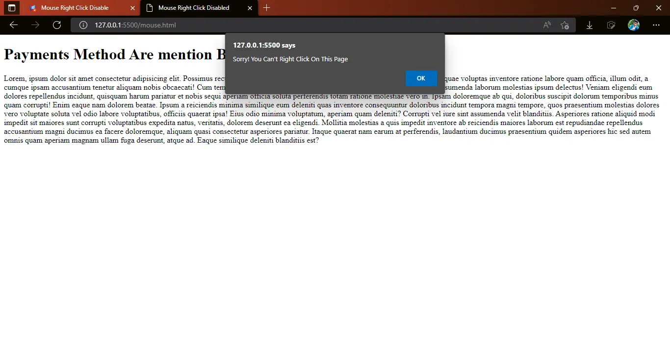 Right Click Disabled Example